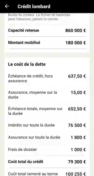 Détail du coût de la dette ligne par ligne dans le simulateur de crédit lombard
