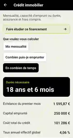 Résultat affichant une durée nécessaire de dix huit ans et six mois pour un capital de 250 000 euros