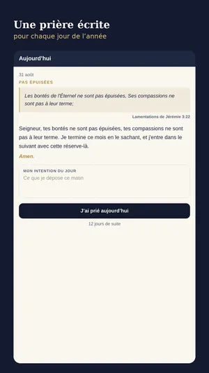 Écran du jour de l'application Jour de grâce, avec le thème, le verset et la prière écrite