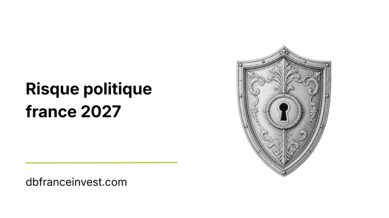 Bouclier gravé fermé par une serrure, image du risque politique français à l'horizon 2027