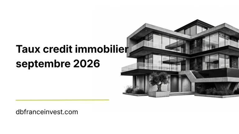 Immeuble moderne en noir et blanc et titre Taux crédit immobilier septembre 2026